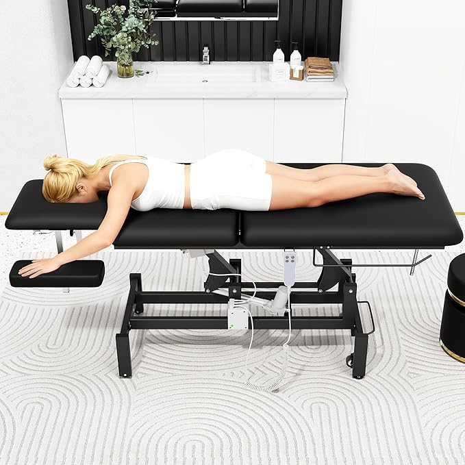 Electric Spine Massage Table, 2 Motors Hydraulic Electric Lift Adjustable Waist and Height Lifting Functions for Treatment/Physical Therapy/Spinal Massage/Facial Spa/Waxing/Tattooing - Black