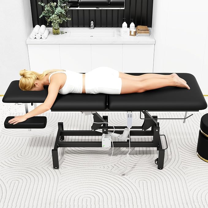 Professional Electric Massage Table, 2 Motors Hydraulic Electric Lift Adjustable Waist and Height Lifting Functions for Treatment/Physical Therapy/Spinal Massage/Facial Spa/Waxing/Tattooing - Black