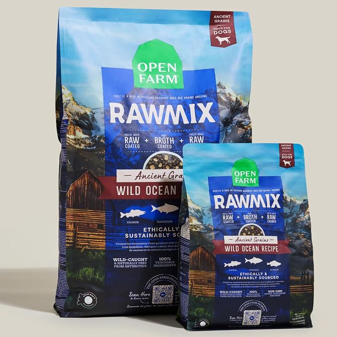 Open Farm RawMix Ancient Grains Dry Dog Food, Wild Ocean Kibble, 3.5lb Bag | Wild-Caught Whitefish, Salmon and Rockfish, Freeze Dried Raw Chunks, 100% Traceable Ingredients, Non-GMO Fruits & Veggies.