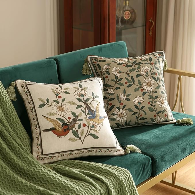 Designer Linen Square Throw Pillow Cover,Set of 2,18"x18"-Brune A | Vintage French Elegant Pillow Cover,Concealed Zipper Design,Floral Pattern,Sofa,Bedroom,Living Room,Lounge Chairs