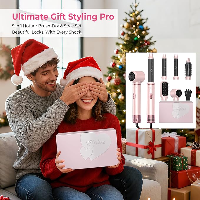 Atopskins 5 in 1 Hair Dryer Brush Set, Hot Air Styler, Detachable Blow Dryer Brush, 3 Heat Settings Auto Curling Wrap Styler, Ionic Hair Styling Tools, Straight Curl Dry Volumiz Smooth (Pink)