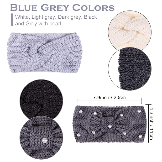 Whaline 5 Pieces Winter Knit Headbands Chunky Knit Headbands,4 Elastic Turban Head Wraps and 1 Pearl Crochet Hair Band, Ear Warmer Crochet Head Wraps for Women Girls (Blue Grey Colors)