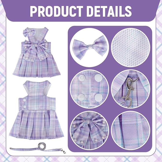 Cute Plaid Dog Dress Clothes for Small Dogs Cats Girl Purple Plaid Dog Dress with Pearls Bow Tie Harness Leash for Spring Summer Birthday Puppy Bunny Rabbit Yorkies Chihuahua Outfits