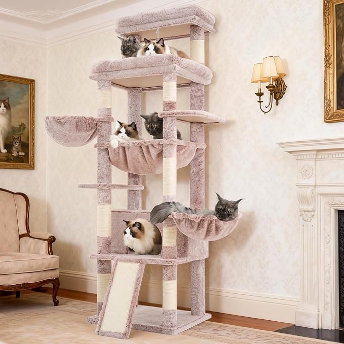 Hey-brother Cat Tree Tower with Extra Large Platform and Basket, MPJ080MU- | 71.7 Inches Scratching Posts with Specious Condo, 2 Cozy Hammocks, Scratch Board for Indoor Adult Cats, Maine Coon Muchroom