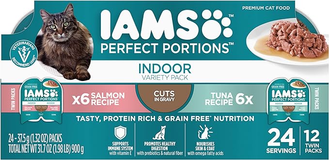IAMS Perfect Portions Cuts in Gravy Wet Cat Food, Tuna & Salmon, 12 Count | Tuna & Salmon cuts in gravy, 2.6 oz. snap-peel-serve twin packs, Vitamin E immune support, prebiotic fiber, made in USA