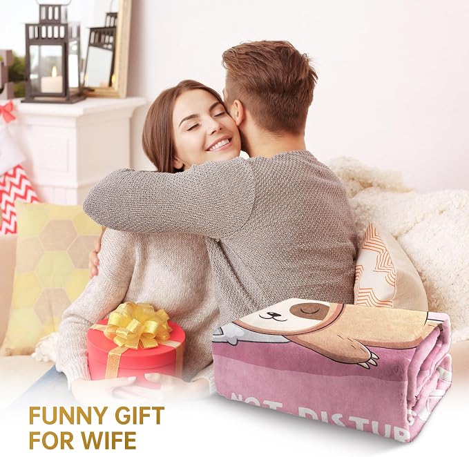 Leebbsin Funny Gifts for Wife, Anniversary Wedding Gifts for Wife | Wife is Charging Sloth Blanket 60" x 50", Pink, Christmas Mothers Day Birthday Gift for Wifey from Husband
