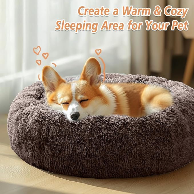 JOLLYVOGUE Calming Dog Beds Large Sized Dog, 36in Donut Washable Large Pet Bed, Anti-Slip & Anti-Anxiety Fluffy Faux Fur Round Dogs Bed, Fits up to 80 lbs Pets （Chocolate）