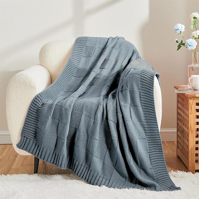 CozeCube Dusty Blue Knitted Checkered Throw Blanket 60"X80" | Check Knit Throw for Couch, Decorative Christmas Soft Cozy Warm Blanket for Bed Sofa Living Room