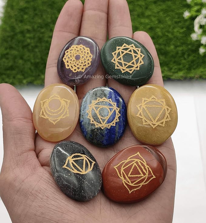 Amazing Gemstone 7 Chakra Oval Set Reiki Healing Crystal with Engraved Chakra Symbols - Chakra Balancing Polished Palm Stones Set with Velvet Pouch