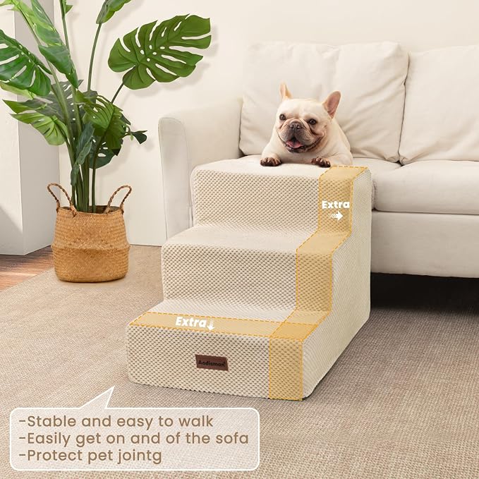 Aodisman Dog Stairs for Small Dogs,Wider 3-Step Pet Steps for Couch & Bed | High-Density Foam Dog Steps with Anti-Slip Bottom,Easy for Puppies,Older Cats & Dogs to Reach Sofas & Chairs,Beige,15.7" H