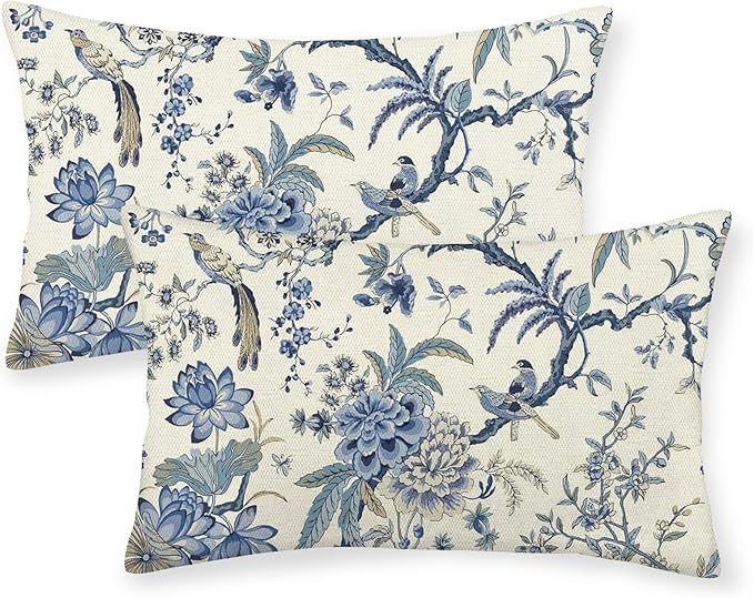Chinoiserie Floral Bird Pillow Covers 12x20 Set of 2 Blue Chinoiserie Flowers Decorative Pillow Cases Outdoor Blue and Cream Throw Pillows Farmhouse Linen Cushion Cases for Couch Home Decor