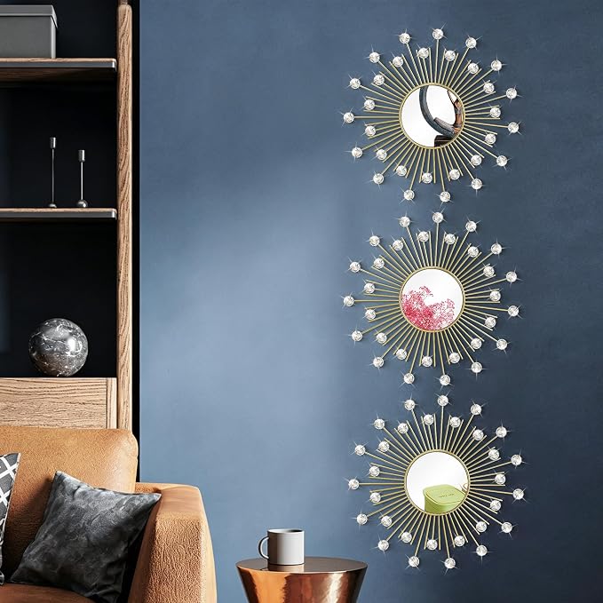 3 Pack Metal Mirrors for Wall Sunburst Wall Mirrors Home Décor Decorative Hanging Wall Art for Living Room Bedroom Entryway (Gold2 Crystal, Sunburst)