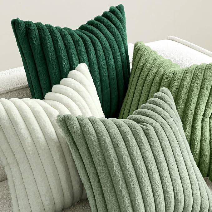 MIULEE Faux Fur Plush Decorative Throw Pillow Covers 18x18, Green | Set of 4, Striped, Soft Modern Cozy Home Decor, Cushion Cases for Sofa Couch Bed Living Room