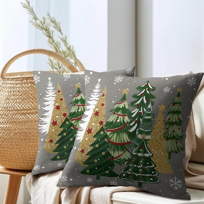 Kawani Christmas Grey Throw Pillow Covers 22x22 Inches, Set of 2 Gold Green Xmas Trees Snow Square Pillowcase Cotton Linen Cushion Cover for Couch Chair Sofa Bed Living Room Decor