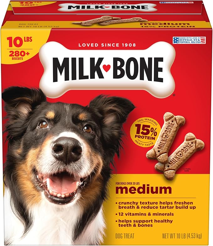 Milk-Bone Original Medium Dog Biscuits, 10 lb Box | 280+ treats, classic meaty taste, crunchy dog treats for dogs 20-50lbs, 15% protein, 12 vitamins & minerals, made in the USA
