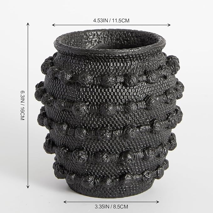 DN DECONATION Black Rustic Farmhouse Vase, 6.3" Flower Vase for Home Decor | Textured Boho Vase, Cement Decorative Flower Vases with Rope Knots for Living Room, Table Centerpiece, Shelf, Mantel Decor