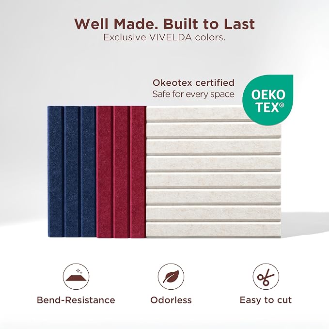 Large Felt Bulletin Board 48 x 36 Inch - 12-Pack Square Acoustic Wall Panels, Cork Board Alternative, NRC 0.95, Damage-Free Adhesive, Slatted Design for Home, Classroom (Sage)