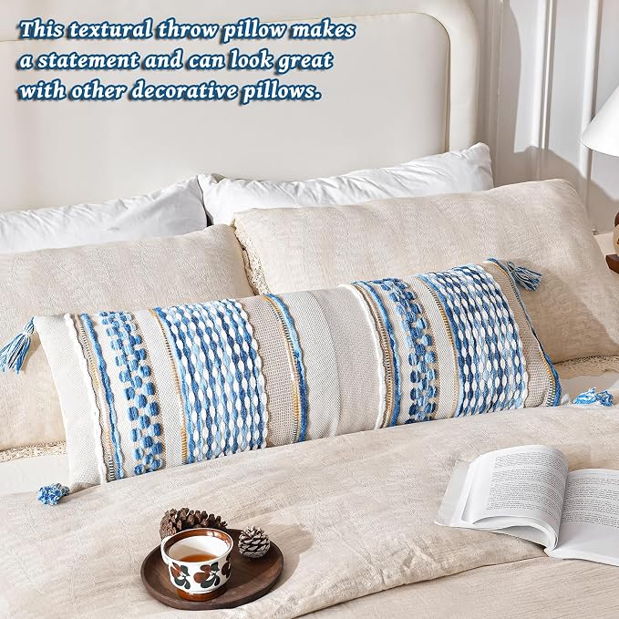 Chenille Striped Textured Boho Throw Pillow Covers Aesthetic with Tassels Woven Decorative Pillow Case for Couch Bed Sofa Bedroom Modern Funky 14 x 36-Inch Sky Blue