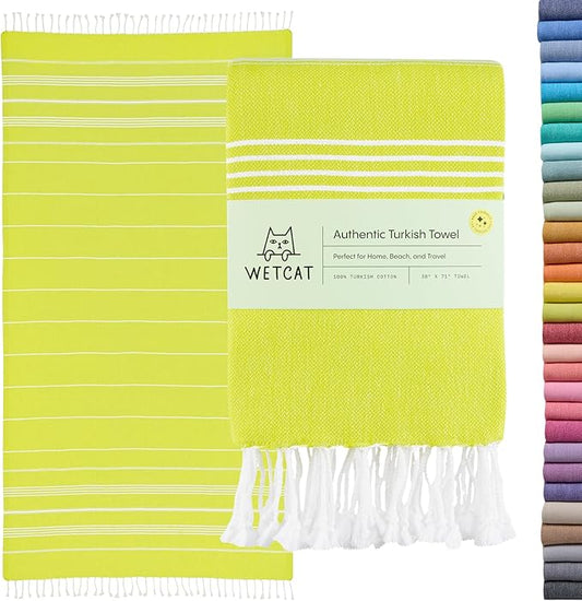 WETCAT Turkish Beach Towel Oversized (38"x71") 100% Turkish Cotton, Made in Turkey - Sand Free, Extra Large, Ultra Soft, Quick Drying, Compact & Lightweight for Travel - Citrus