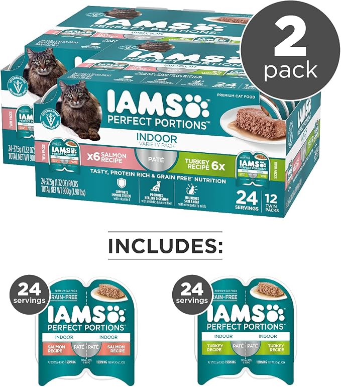 IAMS Perfect Portions Indoor Adult Grain Free Wet Cat Food Pate, Turkey and Salmon Recipe, 2.6 oz. Twin-Pack Trays (12 Count, 24 Servings) (Pack of 4)