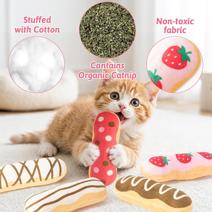 MALLMALL6 Eclair Catnip Toys for Cat - 5Pcs Chocolate Strawberry Dessert Catmint Interactive Toy Gift for Indoor Kitty, Biting Chew Kick Cats Supplies, Soft French Pastry Pet Present for Kitten Lover