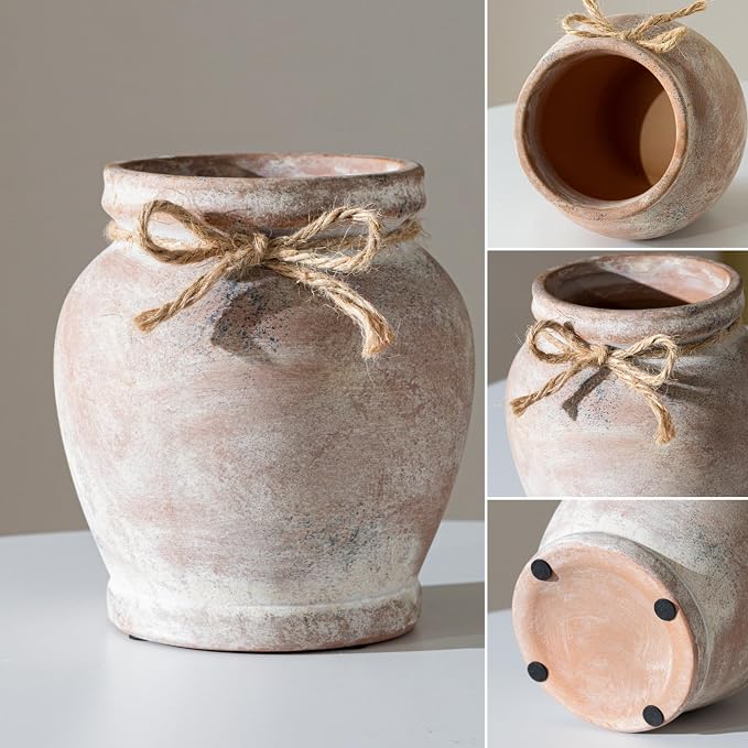 Lvases 6.5in Neutral Terracotta Ceramic Rustic Farmhouse Decor Flower Vase | small decorative vase for farmhouse home decor perfect neutral table centerpiece suitable living room floral arrangement