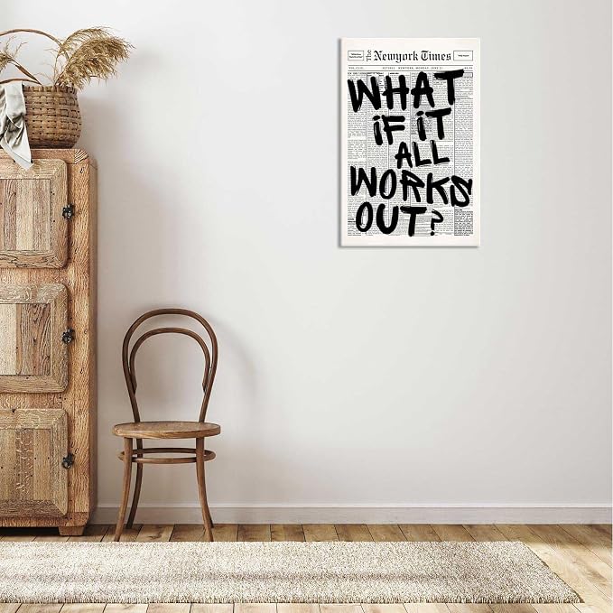 Drimiler Retro Black And White Newspaper Poster What If It All Works Out Canvas Wall Art Positive Affirming Quote Minimalist Prints Painting For Home Bedroom Dorm Wall Decor 12x18in Wframed