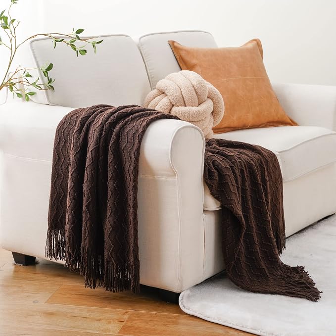 BATTILO HOME Dark Brown Throw Blanket for Couch, Boho Throw Blanket for Home Decor, Decorative Chocolate Knit Throw Blankets for Chair Sofa, Bed, 50"x60"