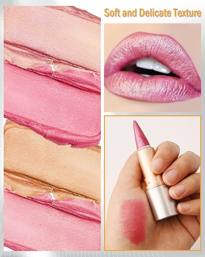 Pink Glitter Lipstick Lip Liner,Shimmer Metallic Matte Long-Lasting Waterproof Non-stick Lip Tint Stain,High Pigmented Lip Gloss Full Coverage lipcolor Pen,Christmas Makeup Gift for Women Girl-01