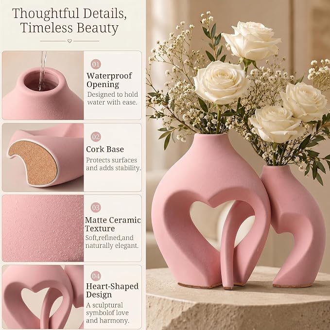Ceramic Flower Vases Table Decor Heart Shaped Vase Set of 2 Pink | Nordic Heart Shaped Vases Minimalist Decorative Vase for Table Centerpiece Wedding Dining Living Room Office House Decoration