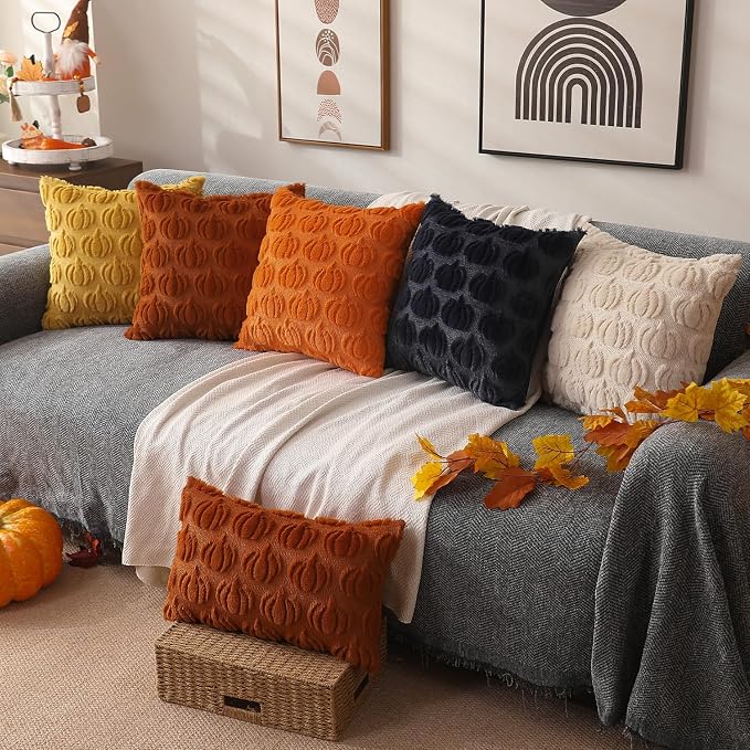 DFXSZ Fall Pillow Covers 18x18 2Pcs Yellow Pumpkin Fall Decoration for Home | Fall decor Set of 2 Throw Pillow Cases Soft Plush Faux Fur Wool Couch Cushion for Chair Sofa Bedroom Living Room Home Decor