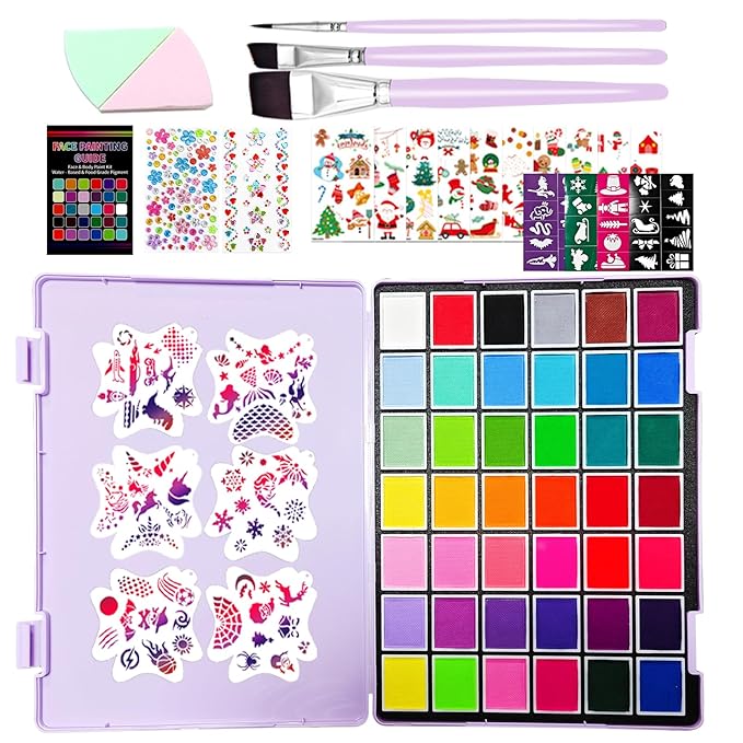 Professional Face Painting Kit for Kids & Adults, 42 x 10g Non Toxic, Water Based Face Paint Palette,With Stencils & Brushes,for Cosplay, Parties, Theater,Stage, Christmas & Halloween Makeup Kit