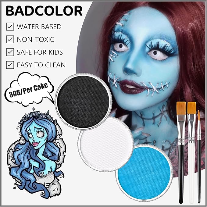 White Black & Light Blue Sally Makeup Face Body Paint, Corpse Bride Face Painting Kit with Painting Brushes for Halloween, Water Based Face Paints for Smurf Avatar Mermaid & Demon SFX Costume Make-Up