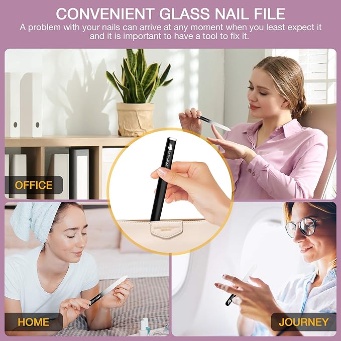 Premium Crystal Glass Nail File, Glass Nail Files with case for Unisex, Portable Glass Nail File Double Sided for Natural & Acrylic Nail Care (Black, Blue, Pink, Purple, Clear & Sea Green)