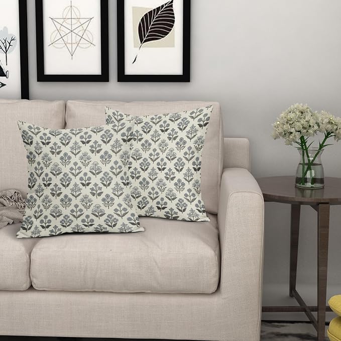 Black Dusty Blue Floral Pillow Covers 24x24 Inch Set of 2, Vintage Flower Block Print Pattern Decorative Throw Pillowcases Outdoor Farmhouse Cushion Covers Rustic Neutral Sofa Couch Bed Decor