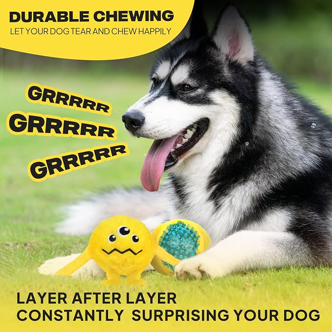 Fida Dog Toys for Aggressive Chewers, 3 in 1, Tough Squeaky Ball, Yellow
