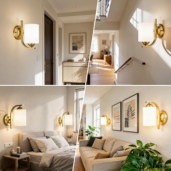 2-Pack Wall Sconces for Bedroom and Bathroom, Gold Farmhouse Wall Light Fixtures with Glass Shade, Modern Vanity Wall Lamps for Living Room, Hallway, Kitchen