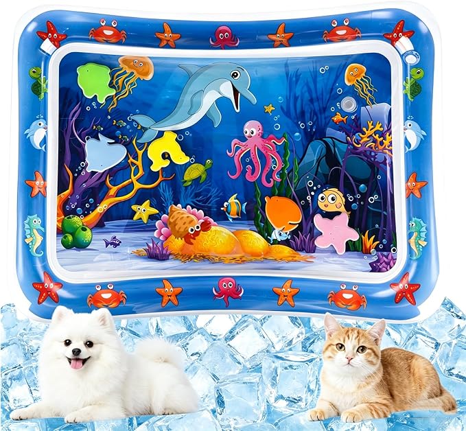 2026 Upgraded Thickened Cat Water Sensory Play Mat, Anti-Scratch Leak Proof Cooling Pad with Floating Fish Toy, Interactive Hunting Exercise Mat for Indoor Cats