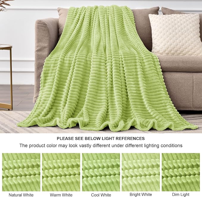 BEDELITE Ribbed Jacquard Cream Lime Fleece Twin Blanket for Bed, 60x80 Inch | Soft Warm Decorative Fluffy Blanket, Cozy Plush Lightweight Fuzzy Throw Blanket for Couch Sofa Room Decor, Gift for Women