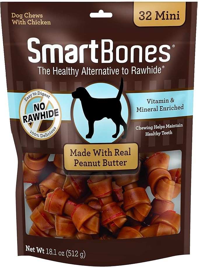 SmartBones Mini Bones Rawhide-Free Dog Treat, Real Peanut Butter, 32 Count | With With Real Chicken & Peanut Butter, Easy To Digest Chew With Vitamins & Minerals, Supports Dental Health, For Small Dogs