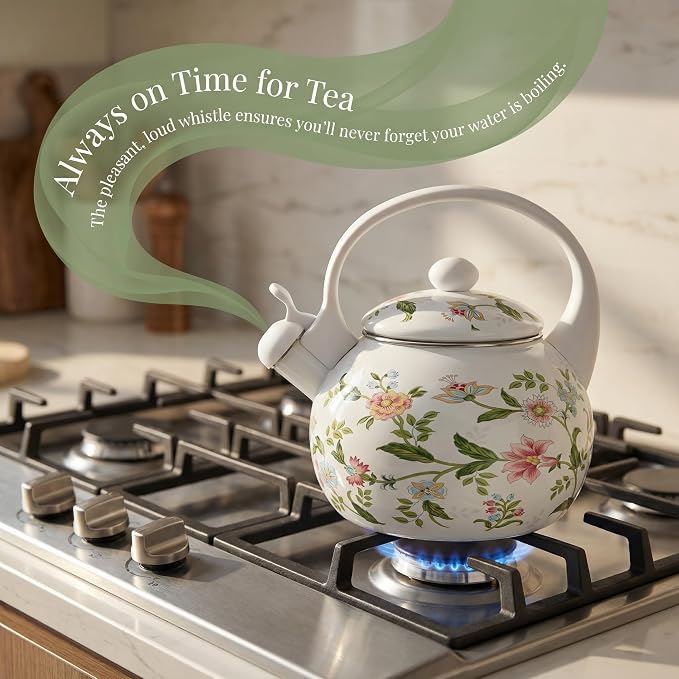 Jucoan 2.3 Quart Vintage Enamel Tea Kettle, Whistling Tea Kettle for Stove Top, Floral Enamel on Steel Teakettle Teapot for Home Kitchen Camping, Gift for Wedding Housewarming Mother's Day
