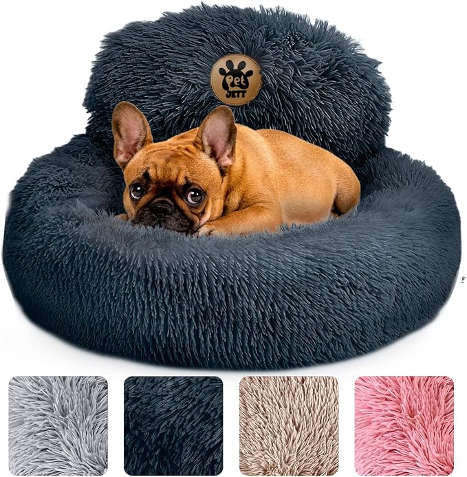 PetJett Small Dog Bed - 23'' Round Dog Beds, Calming Puppy Bed - Washable Dog Bed - Anti-Slip, Super Soft Fluffy Plush Faux Fur Pet Bed, Anti-Anxiety Premium Comfort Donut Bed, Fits Dogs Upto 25 lbs