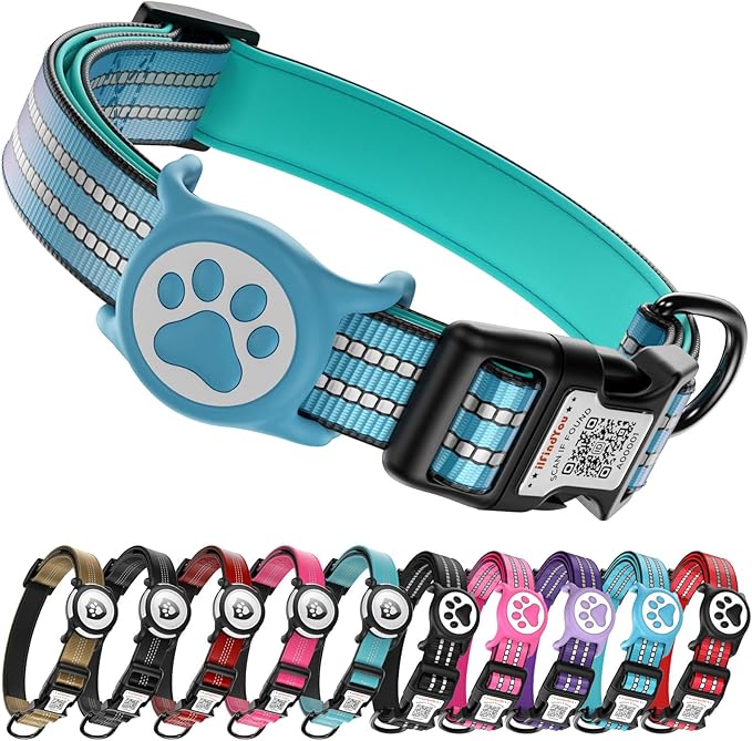 Waterproof AirTag Dog Collar with QR Code Dog Tag, Blue02 M | IP68 waterproof, QR code dog tag, Anti-Lost, Online profile, fits XS-L (8"-26"), Padded nylon, Reflective, No App, No Fees