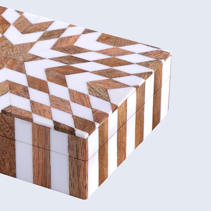 Handicrafts Home Handmade Decorative Storage Box with Lid, Wood & Resin Inlay Geometric Star Design, Coffee Table Storage Box, Remote Control Holder, Keepsake, Wooden Organizer for Home Decor- 8x5x2