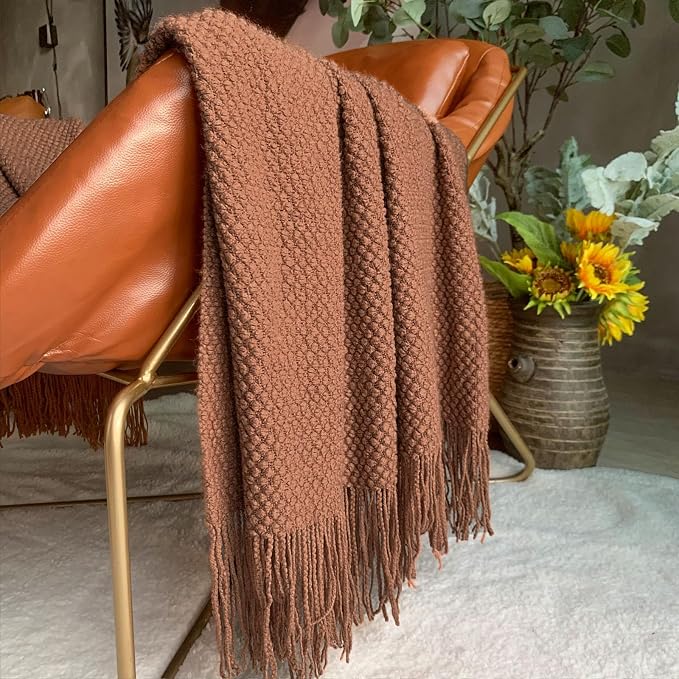 LOMAO Knitted Throw Blanket with Tassels Bubble Textured Lightweight Throws for Couch Cover Home Decor (Caramel, 50x60)