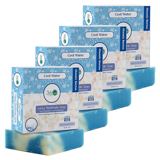 360Feel Cool Water Soap - Handcrafted Castile Natural Soap Bar with Soothing Scent - Handmade with Essential Oils - Ideal Gift for Anniversaries, Weddings & Holiday Stockings - Rich Lather - 4-Pack