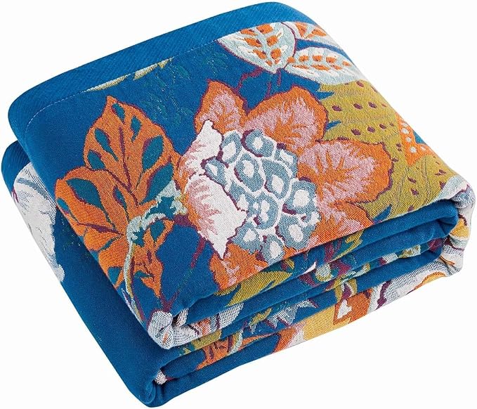 XIBLC Boho Throw Blanket, Blue Lightweight Blankets for Summer, 100% Cotton Bohemian Decorative Throw Blanket, 80"x90" Reversible Muslin Breathable Woven Farmhouse Blankets Quilt,