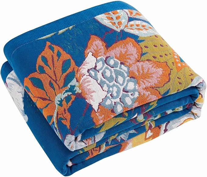 XIBLC Boho Throw Blanket, Blue Lightweight Blankets for Summer, 100% Cotton Bohemian Decorative Throw Blanket, 60"x80" Reversible Muslin Breathable Woven Farmhouse Blankets Quilt,