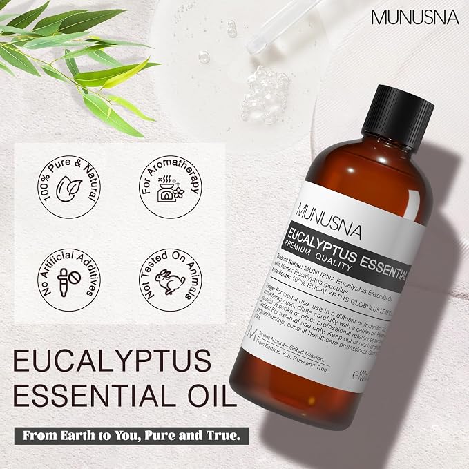 Eucalyptus Essential Oil, Premium Grade Pure Eucalyptus Oils 100ML, 100% Natural Aromatherapy Essential Oil for Shower, Skin, Diffuser, Massage, Candle, Soap, Bath Bombs Making