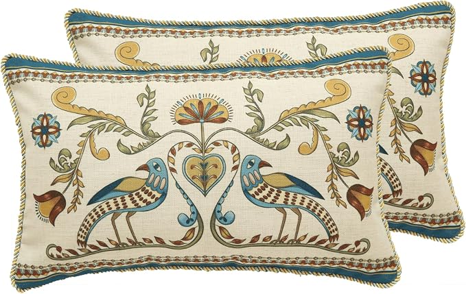 patdrea French Vintage Linen Throw Pillow Cover,12"x20",Set of 2-Wensel C | Decorative Pillow Case,Bird and Floral Pattern,Cushion Coverfor Couch Living Room Bedroom Sofa